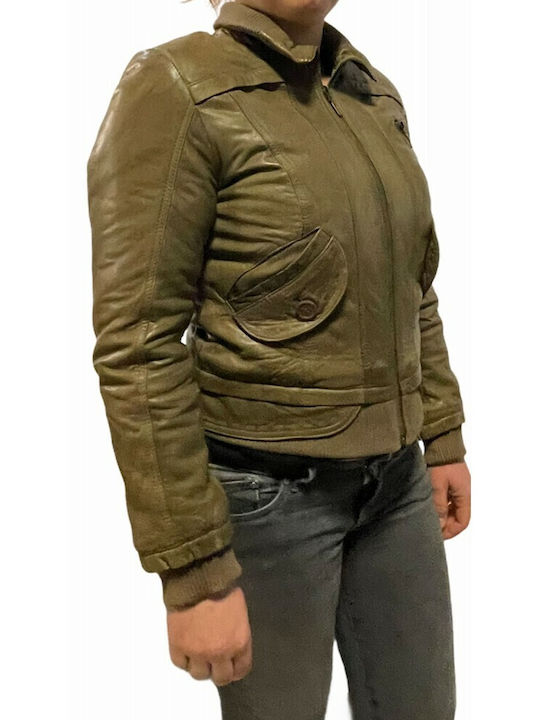 MARKOS LEATHER Women's Short Biker Artificial Leather Jacket for Winter Khaki