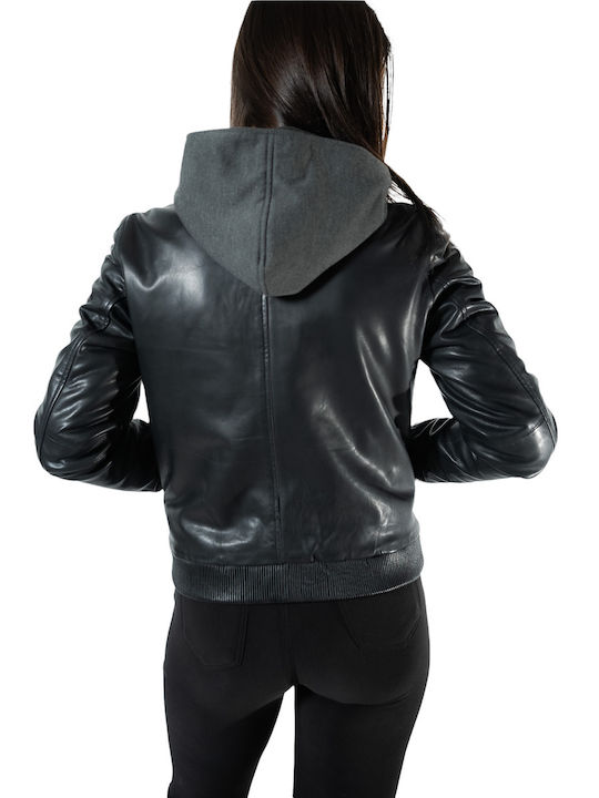 MARKOS LEATHER Women's Short Biker Leather Jacket for Spring or Autumn with Hood Black