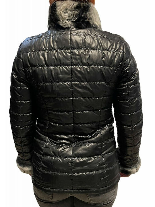 MARKOS LEATHER Women's Short Puffer Leather Jacket Față și spate for Winter Gray