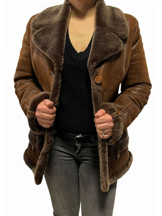 MARKOS LEATHER Women's Mouton Short Half Coat with Buttons and Fur Brown