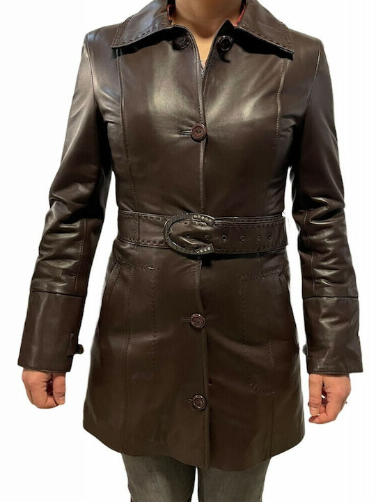MARKOS LEATHER Women's Leather Midi Half Coat with Buttons Brown
