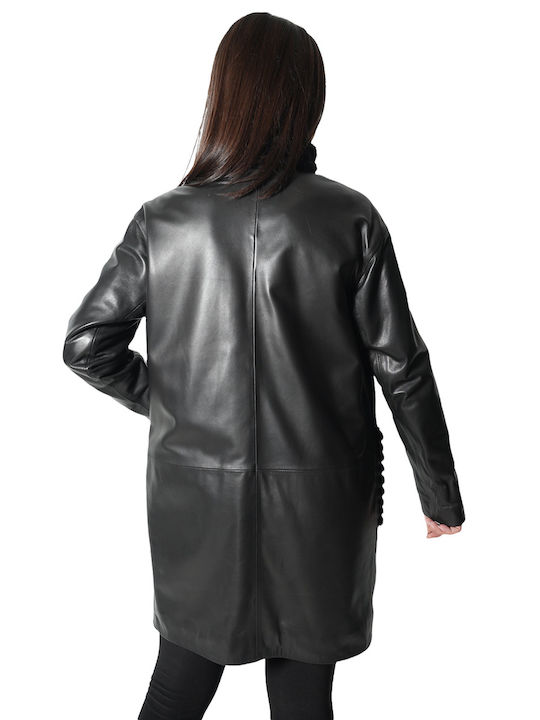 MARKOS LEATHER Women's Leather Midi Coat with Buttons and Fur Black