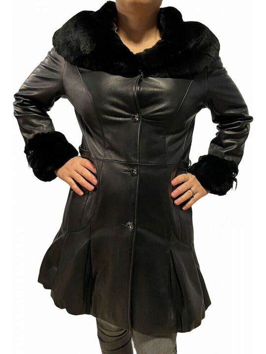 Leather Women's Black Coat with Fur Details