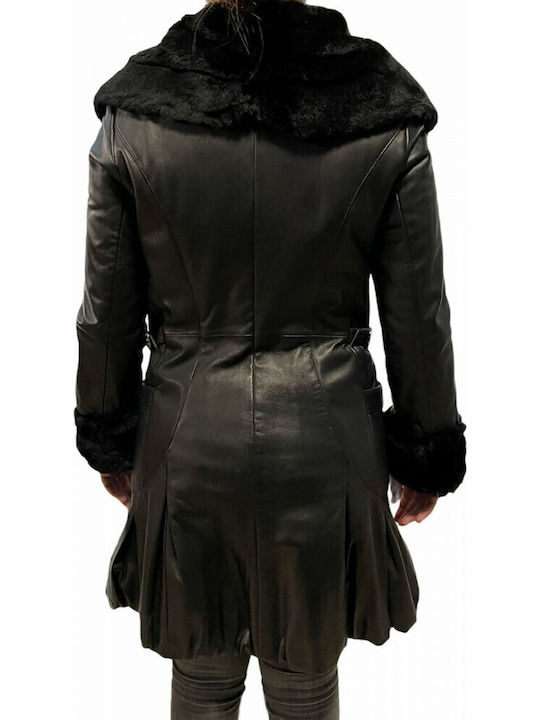 Leather Women's Black Coat with Fur Details
