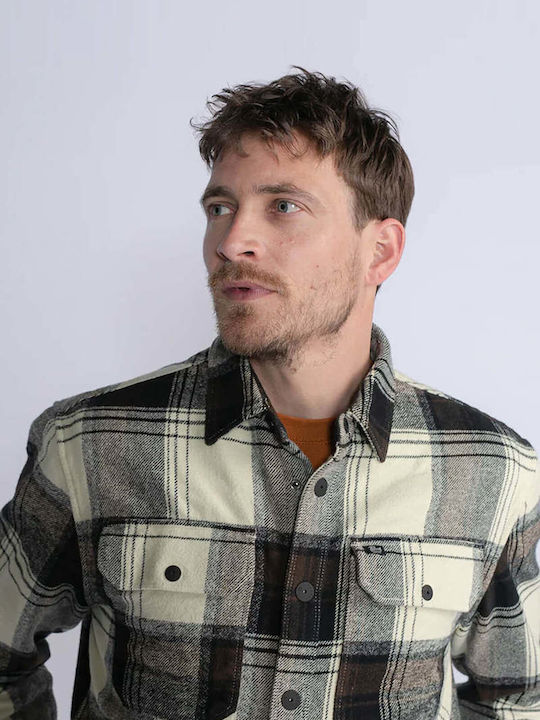 Μακρυμάνικo Βαμβακερό Overshirt σε Κανονική Γραμμή Καρό Καφέ