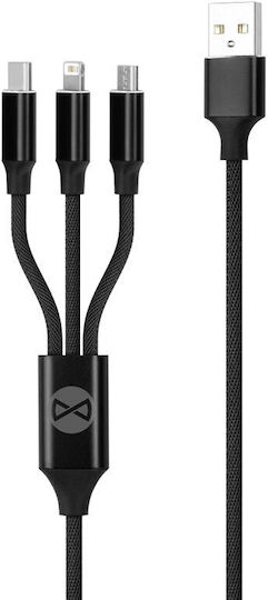 Forever Regular Cablu USB la Lightning / Type-C / micro USB cu mai multe porturi 2A Negru 1m