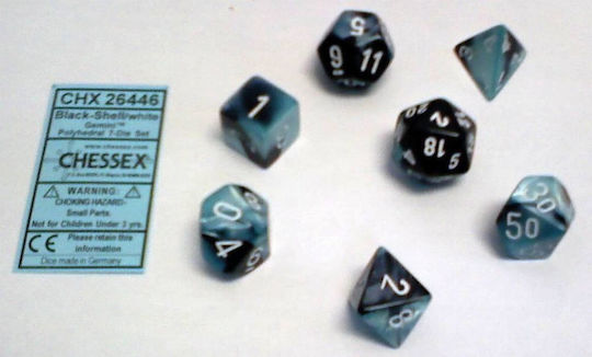Chessex Dungeons & Dragons Gemini Polyhedral Зарове Черна обвивка/Бяла 7бр 26446