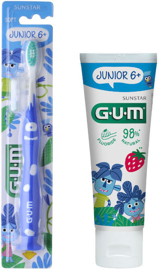 GUM Promo Junior Jungle Комплект за Детско и Бебешко Четкане на Зъби с Вкус Ягода за 6+ години 50мл Синьо