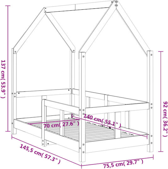 Pat pentru Copii Single Bej pentru Saltea 70x140cm