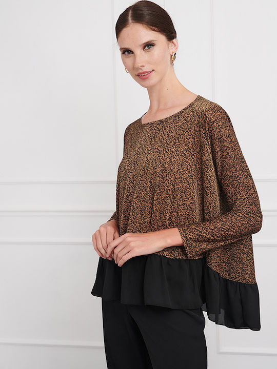 Dejavu Women's Blouse Long Sleeve Animal Print Brown