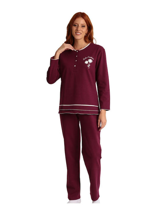 Lydia Creations Winter Women's Pyjama Set Cotton Burgundy