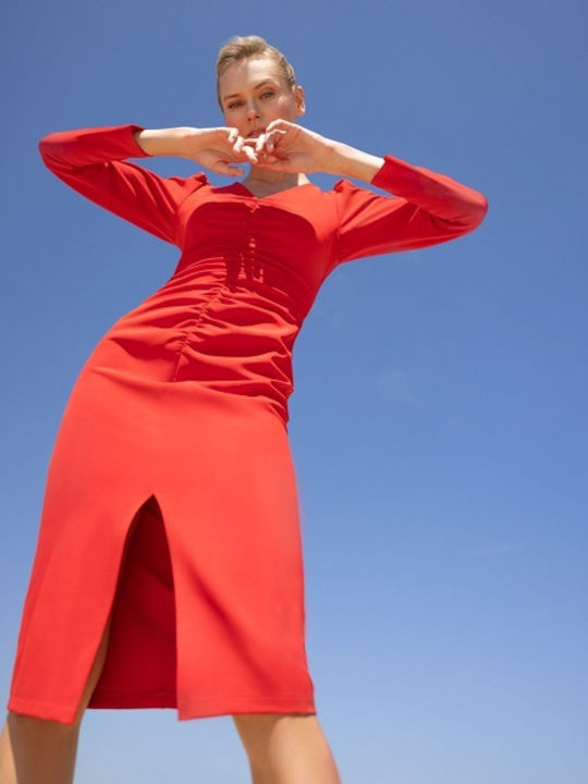 Desiree Midi Dress with Slit Red