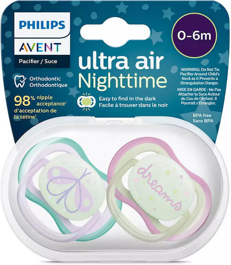 Philips Ultra Air Schnuller Silikon Nacht Träume/Schmetterling - Rosa/Lila für 0-6 Monate 2Stück