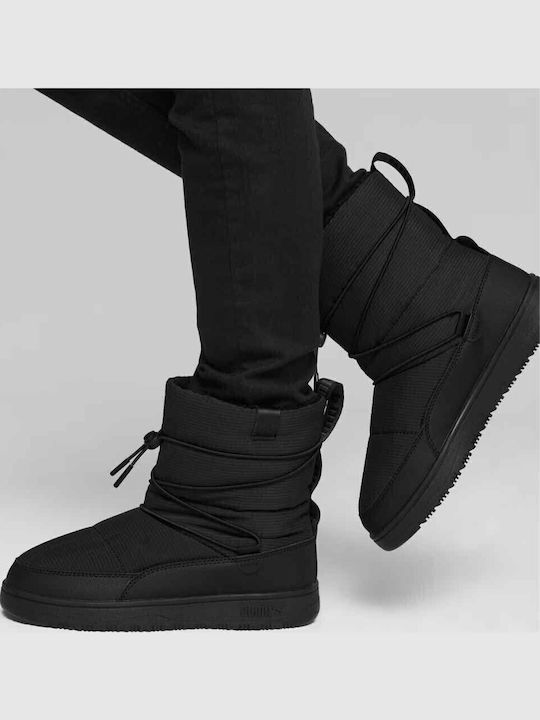 Synthetic Leather Snow Boots with Laces & Fur Snowbae Black