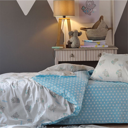 Kentia Supercat Set Kinderbettbezug Einzel mit Kissenbezug Baumwolle Hellblau 160x240cm