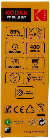 Kodak Λάμπα LED 6W 100mm για Ντουί E14 και Σχήμα C37 Θερμό Λευκό 480lm