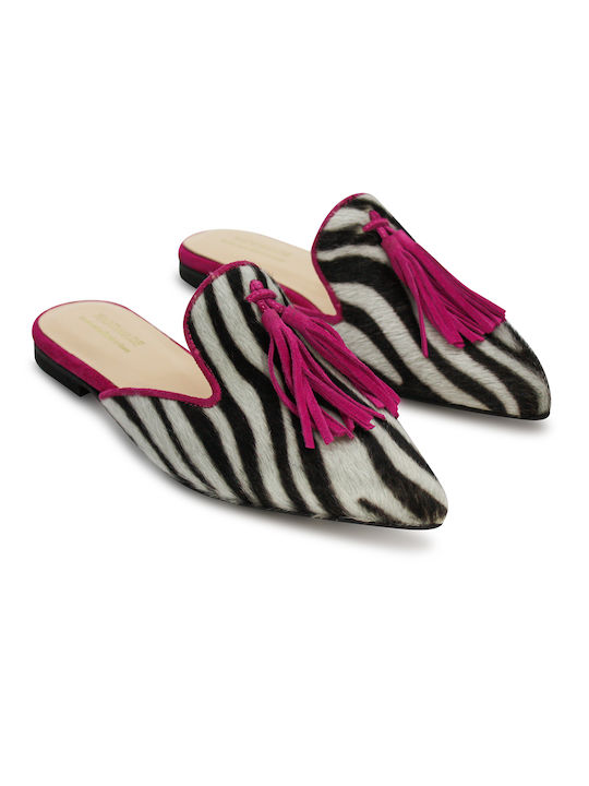 Fashion Beads Flat Piele Mules Fuchsia