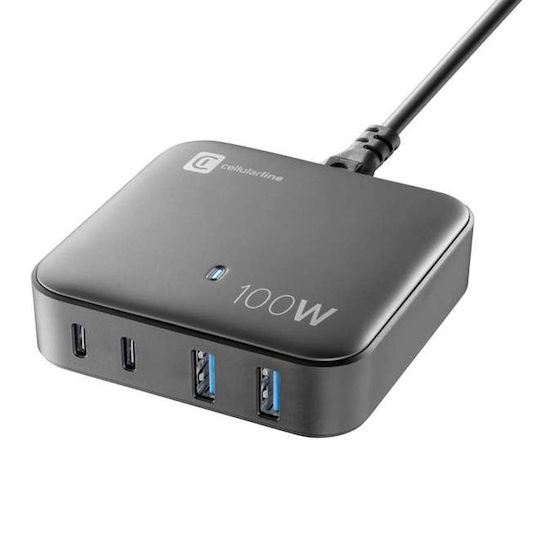 Cellular Line GaN Handyladegerät mit 2 USB-A Ausgangsanschlüsse und 2 USB-C Ausgangsanschlüsse und USB-C Kabel 100W in Schwarz