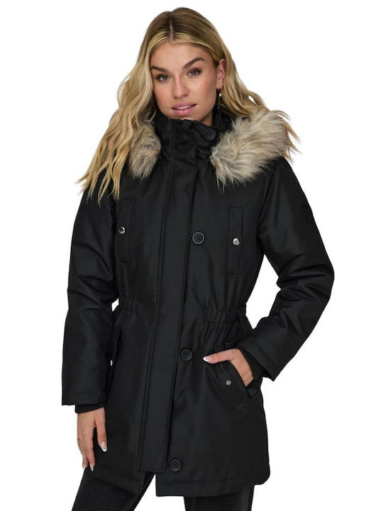 Iris Women's Short Puffer Jacket for Winter with Hood Black/beige
