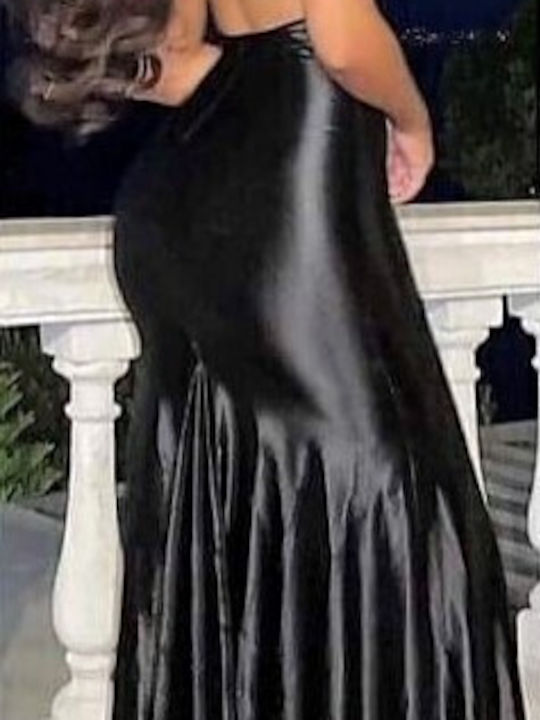 Καλοκαιρινό Maxi Βραδινό Φόρεμα Σατέν Μαύρο