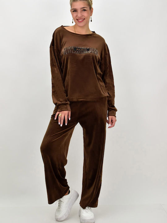 Potre Women's Blouse Velvet Long Sleeve Brown