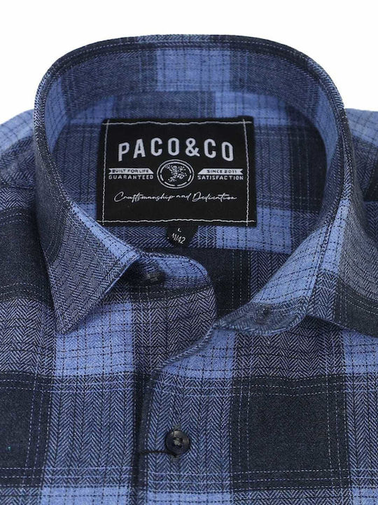 Paco & Co Men's Shirt Long Sleeve Cotton Checked Blue