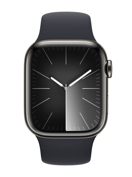 Apple Watch Series 9 Cellular Stainless Steel 41mm Αδιάβροχο με eSIM και Παλμογράφο (Graphite με Midnight Sport Band (S/M))