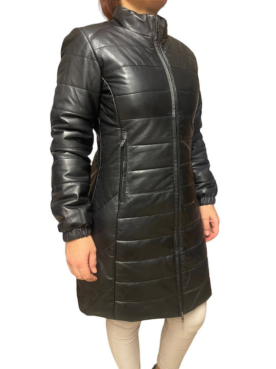 MARKOS LEATHER Women's Long Lifestyle Leather Jacket for Winter Black