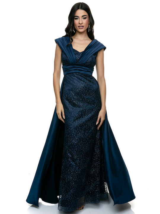 RichgirlBoudoir Maxi Slip Dress Dress for Wedding / Baptism Draped Off-Shoulder Navy Blue
