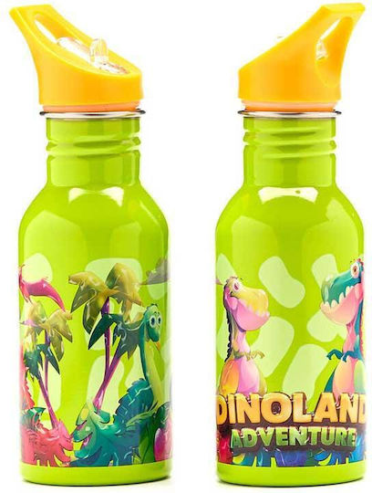 Water Revolution Kinderflasche Dinosaurier Aluminium mit Strohhalm Grün 500ml