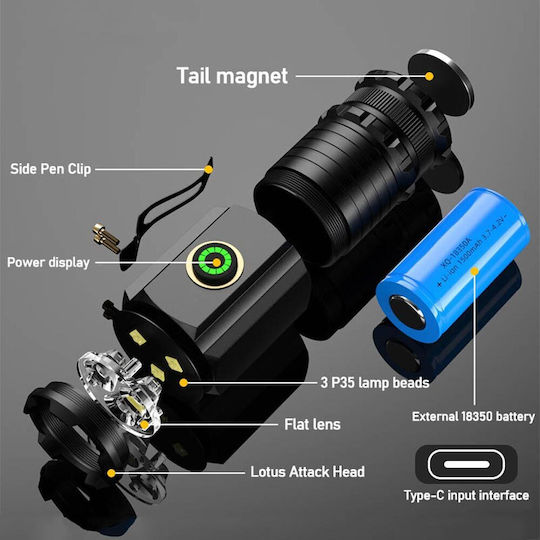 Wiederaufladbar Taschenlampe LED IPX8 mit maximaler Helligkeit 3000lm Ts-p35 Schwarz