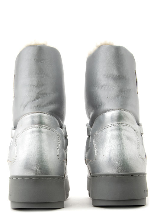 Synthetic Leather Snow Boots with Laces & Fur Gray