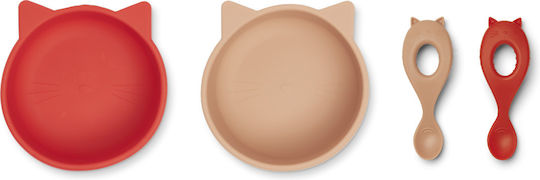 Liewood Feeding Set Evan Cat made of Silicone Red 2pcs