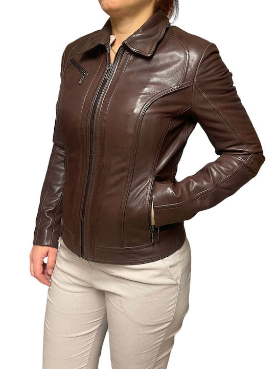 MARKOS LEATHER Women's Short Lifestyle Leather Jacket for Winter Brown