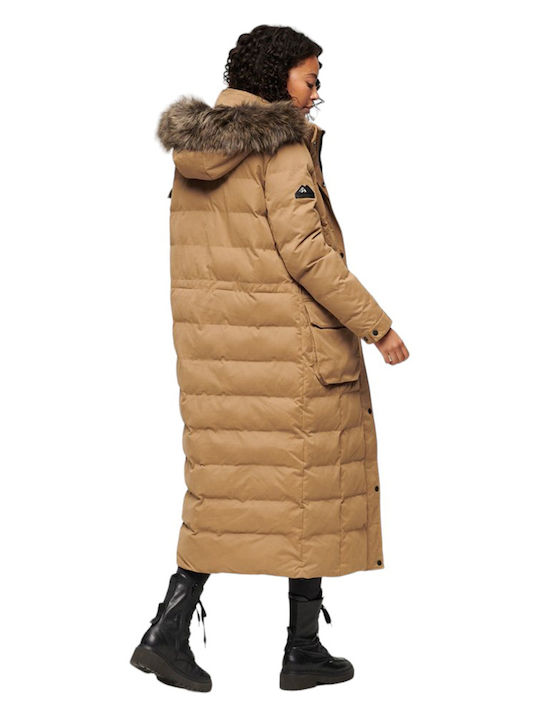 Superdry W D3 Ovin Women's Long Puffer Jacket for Winter with Hood Brown