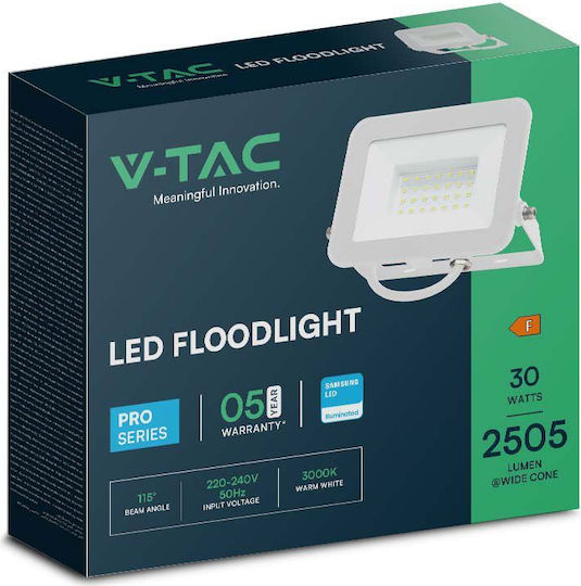 V-TAC Στεγανός Προβολέας LED 30W Ψυχρό Λευκό 6500K IP65