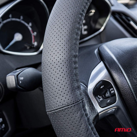 AMiO Car Steering Wheel Cover with Diameter 37-39cm Leather Black with Black Stitching