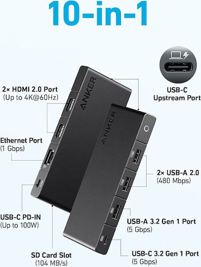 Anker 364 USB-C Docking Station with HDMI 4K PD Ethernet and Support for 2 Monitors Black