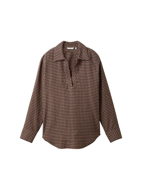 Tom Tailor Women's Blouse with 3/4 Sleeve Checked Brown