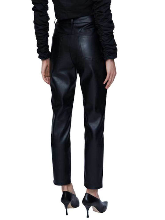 Wild Pony Women's High-waisted Leather Trousers in Straight Line Black