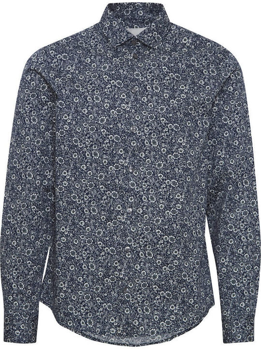Long-sleeved Cotton Shirt Floral Navy Blue