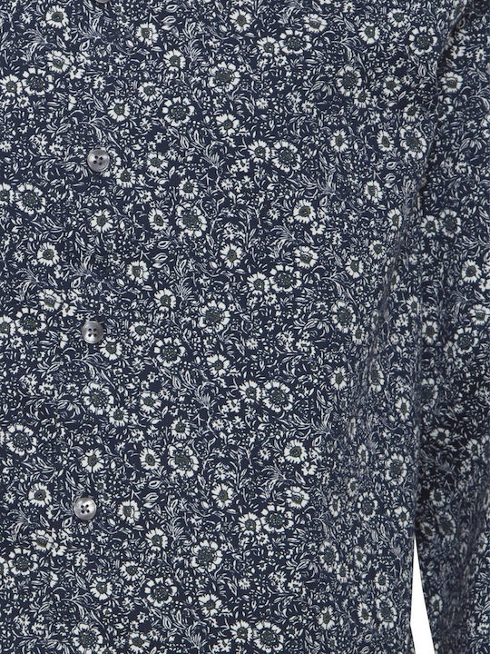 Long-sleeved Cotton Shirt Floral Navy Blue