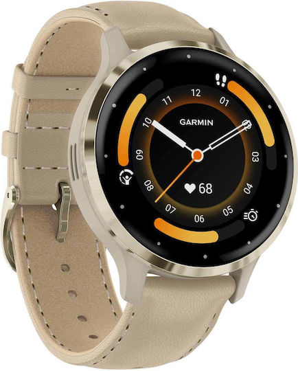 Garmin Venu 3S 41mm Waterproof Smartwatch with Heart Rate Monitor (Soft Gold Stainless Steel Bezel with French Gray Case and Leather Band)