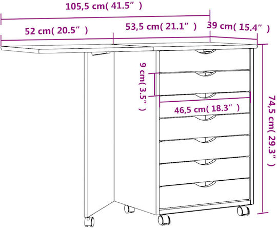 Чекмеджета за Бюро от Масивно Дърво с Колелца Сиви 105.5x39x74.5см