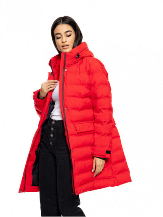 Splendid Women's Long Puffer Jacket for Winter with Hood Red