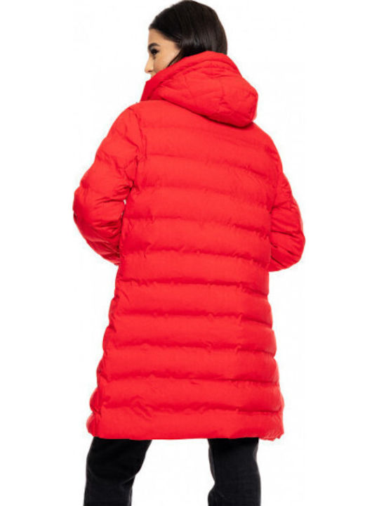 Women's Long Puffer Jacket for Winter with Hood Red