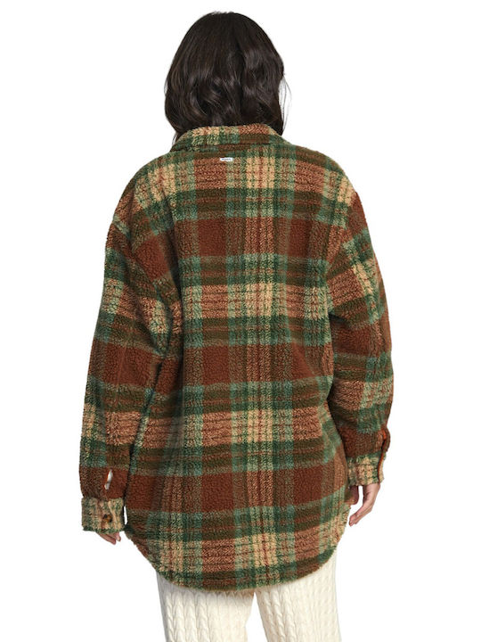 RVCA Women's Checked Midi Overshirt with Buttons Brown