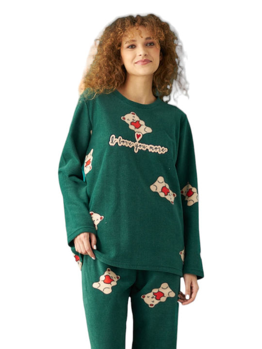 Siyah Inci Winter Damen Pyjama-Set Vlies Grün