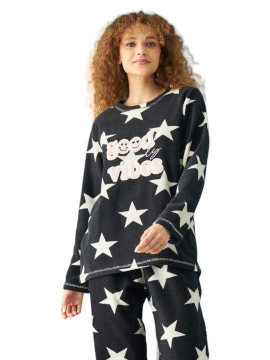 Siyah Inci Winter Fleece Women's Nightdress Black