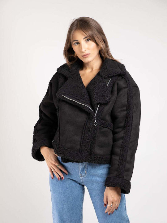 Fashioncore Women's Short Puffer Suede Jacket for Winter Black